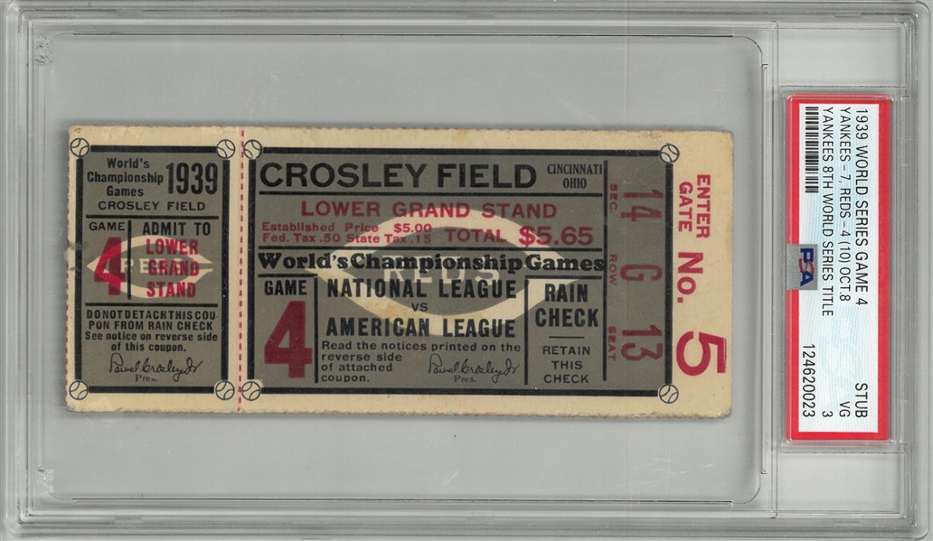 1939 World Series Game 4 Ticket Stub PSA 3 - Yankees 8th Title
