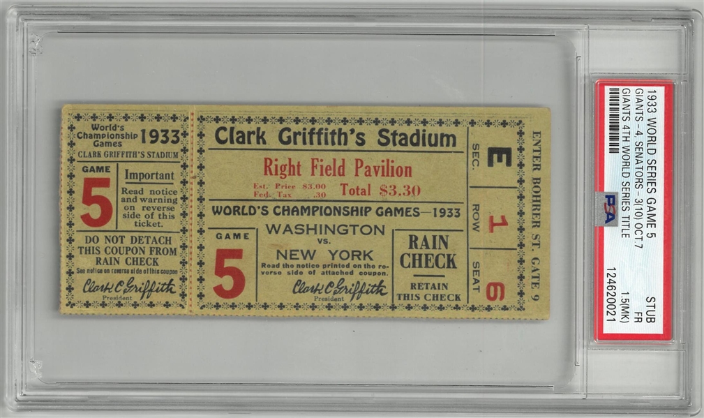 1933 World Series Game 5 Ticket Stub - NY Giants 4th Title