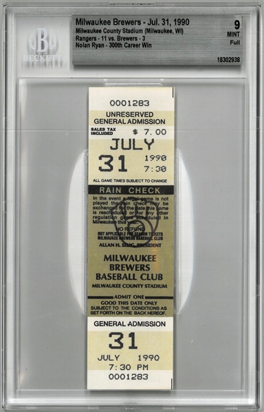 Nolan Ryan 300th Win BGS 9 Full Ticket
