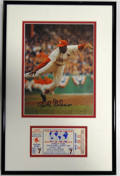 Bob Gibson Autographed 1967 World Series Game 7 Ticket Display