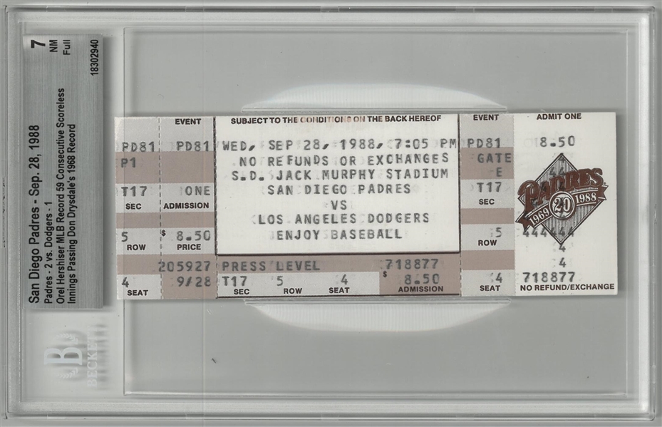 Orel Hershiser BGS 7 Scoreless Innings Record Ticket