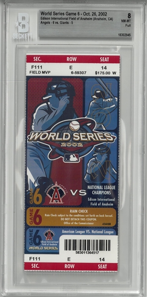 2002 World Series Game 6 Ticket - BGS 8