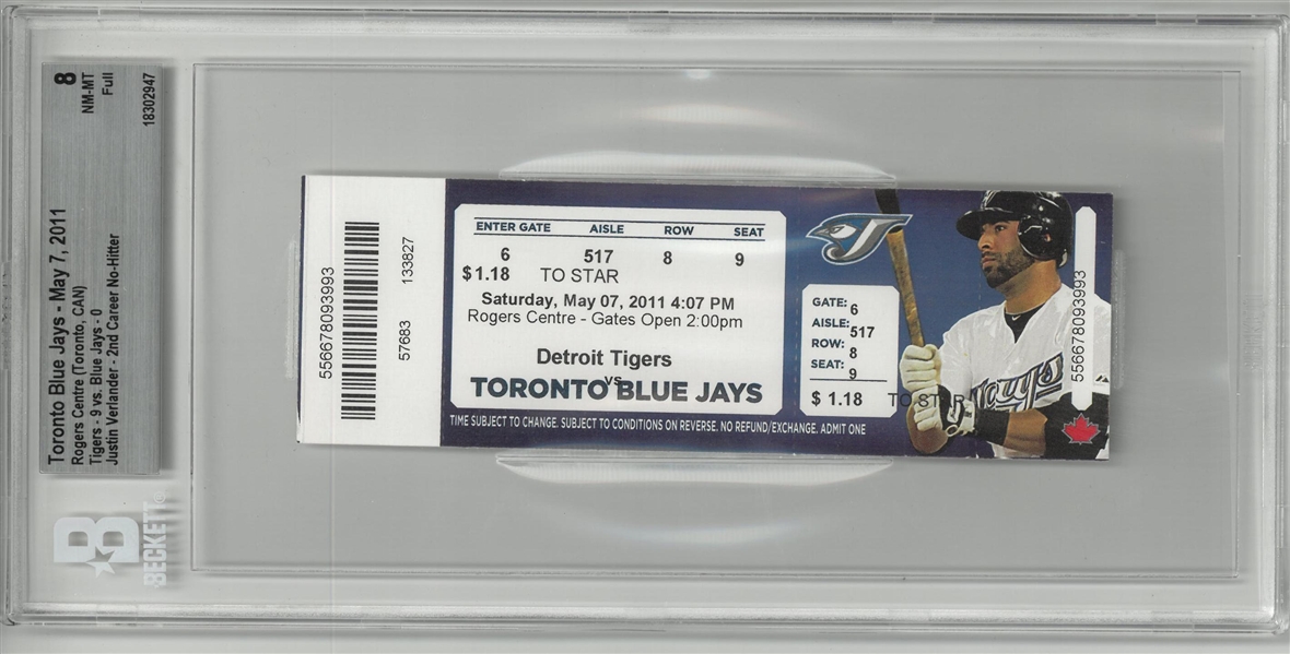 Justin Verlander 2nd No Hitter Ticket - BGS 8