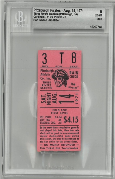 Bob Gibson 1971 No Hitter Ticket - BGS 6