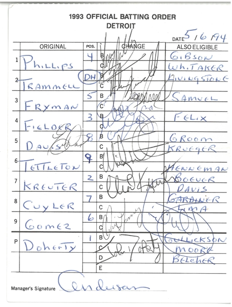 Detroit Tigers Team Signed 5/6/94 Lineup Card