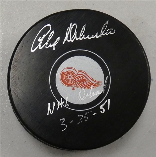 Alex Delvecchio Autographed Red Wings Puck w/ NHL Debut