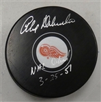 Alex Delvecchio Autographed Red Wings Puck w/ NHL Debut