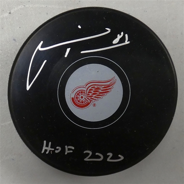 Marian Hossa Autographed Red Wings Puck w/ HOF