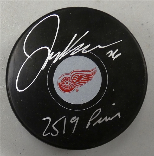 Joe Kocur Autographed Red Wings Puck w/ Penalty Minutes